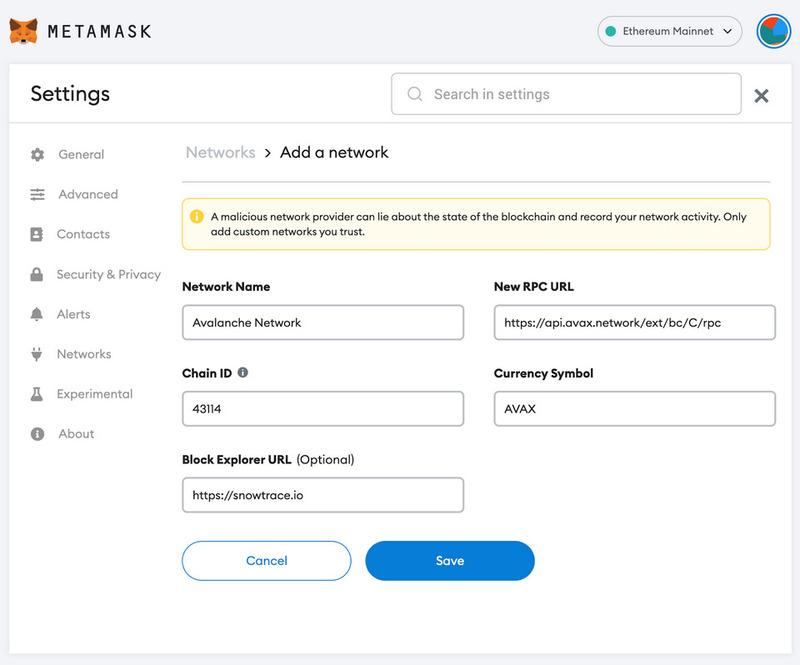 thêm mạng avalanche vào metamask