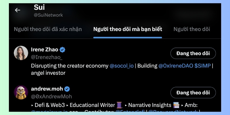 Sui được nhiều KOLs nổi bật theo dõi